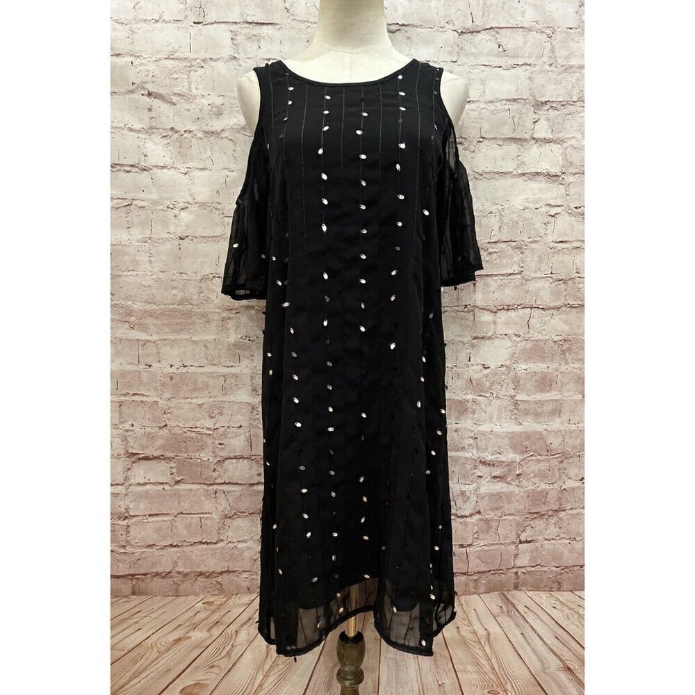 Rabbit Rabbit Rabbit Womens Black Sequin Cocktail Dress Cold Shoulder Size 8